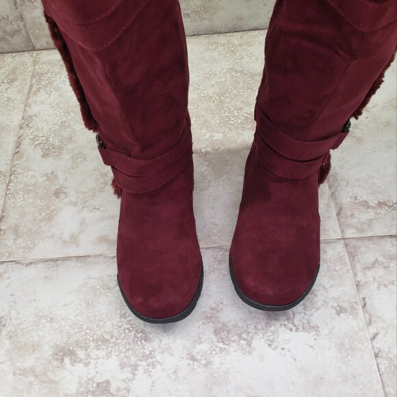 Buckled Faux Fur Hot Tomato Pavati Suede Zippered Full Calf Knee Boots Size 6 M - Picture 2 of 15